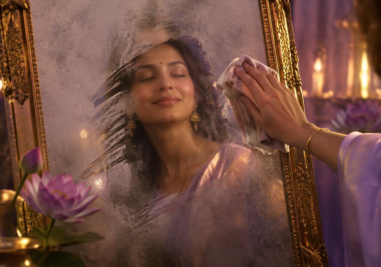 Wiping a dusty mirror to reveal a peaceful reflection