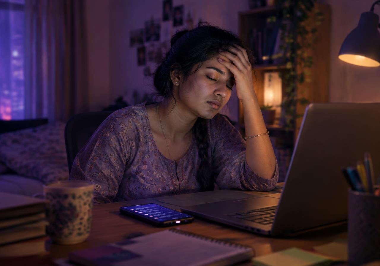 Woman overwhelmed at her desk late at night