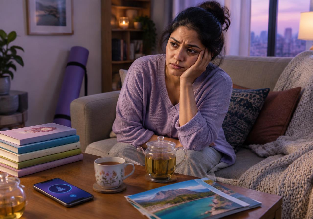 Frustrated woman surrounded by self-help books, apps and tea